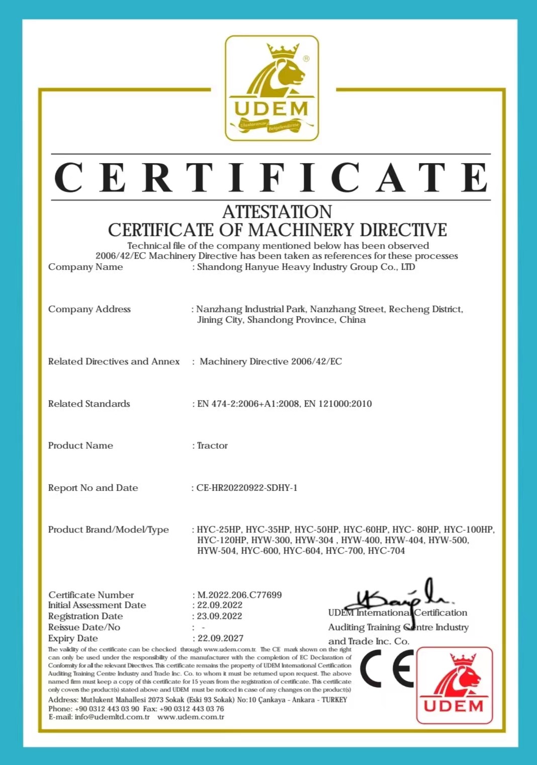 چین Shandong Hanyue Heavy Industry Group Co., Ltd. گواهینامه ها
